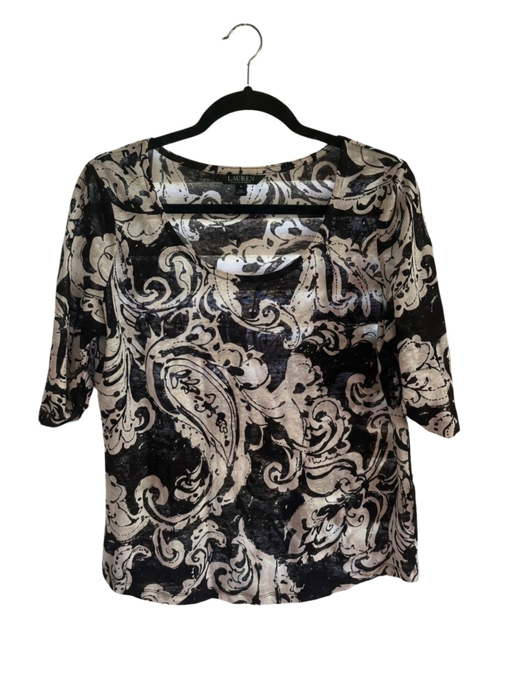 Lauren Ralph Lauren Black and Cream Paisley Short Sleeve Blouse 100% Linen
